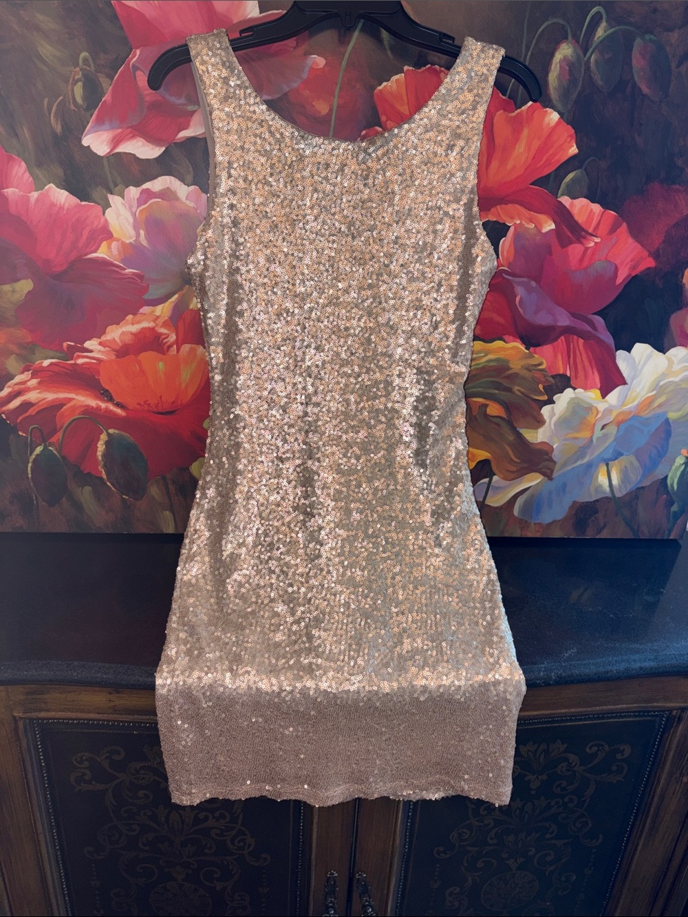 NWOT Crystal Doll Champagne Sequin Mini Dress